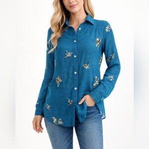 Fig & Flower Embroidered Button Up Blouse Blue Boho Anthropologie Top Size S